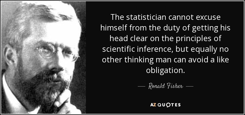 The statistician cannot excuse himself from the duty of getting his head clear on the principles of scientific inference, but equally no other thinking man can avoid a like obligation. - Ronald Fisher