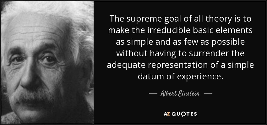 The supreme goal of all theory is to make the irreducible basic elements as simple and as few as possible without having to surrender the adequate representation of a simple datum of experience. - Albert Einstein