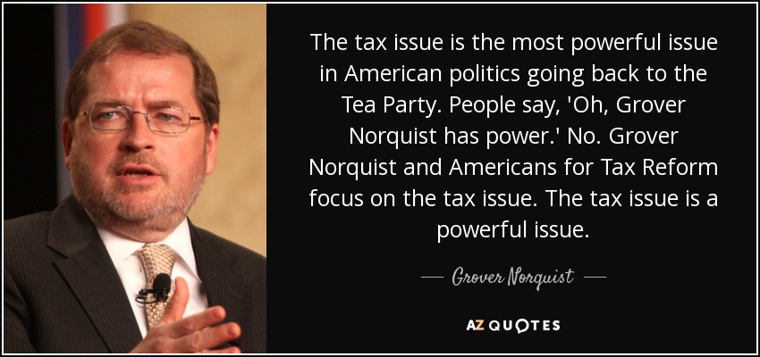 El tema de los impuestos es el más poderoso de la política estadounidense desde el Tea Party. La gente dice, 'Oh, Grover Norquist tiene poder'. No. Grover Norquist y Americans for Tax Reform se centran en la cuestión fiscal. La cuestión fiscal es un tema poderoso. - Grover Norquist