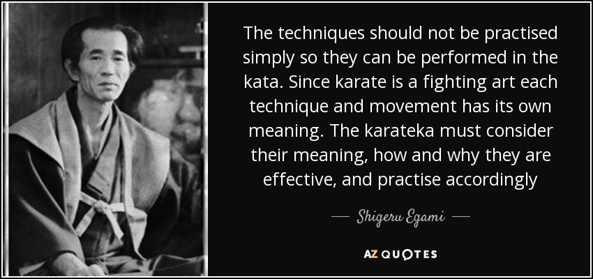 The techniques should not be practised simply so they can be performed in the kata. Since karate is a fighting art each technique and movement has its own meaning. The karateka must consider their meaning, how and why they are effective, and practise accordingly - Shigeru Egami