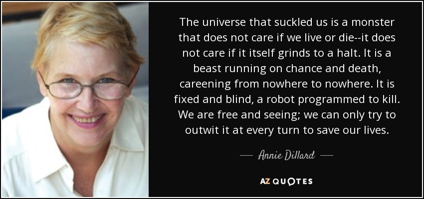 The universe that suckled us is a monster that does not care if we live or die--it does not care if it itself grinds to a halt. It is a beast running on chance and death, careening from nowhere to nowhere. It is fixed and blind, a robot programmed to kill. We are free and seeing; we can only try to outwit it at every turn to save our lives. - Annie Dillard