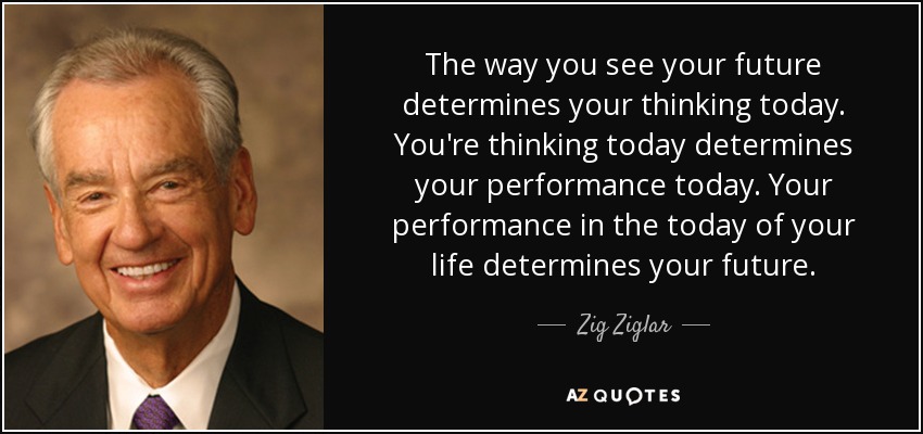 La forma en que ves tu futuro determina tu forma de pensar hoy. Tu forma de pensar hoy determina tu actuación hoy. Tu actuación en el hoy de tu vida determina tu futuro. - Zig Ziglar