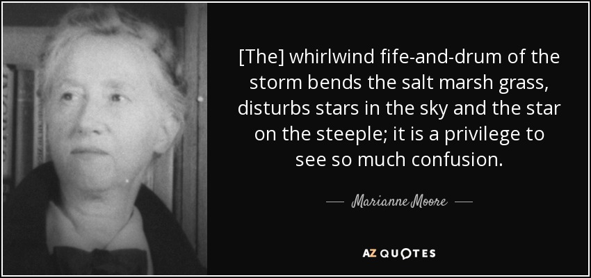 [The] whirlwind fife-and-drum of the storm bends the salt marsh grass, disturbs stars in the sky and the star on the steeple; it is a privilege to see so much confusion. - Marianne Moore