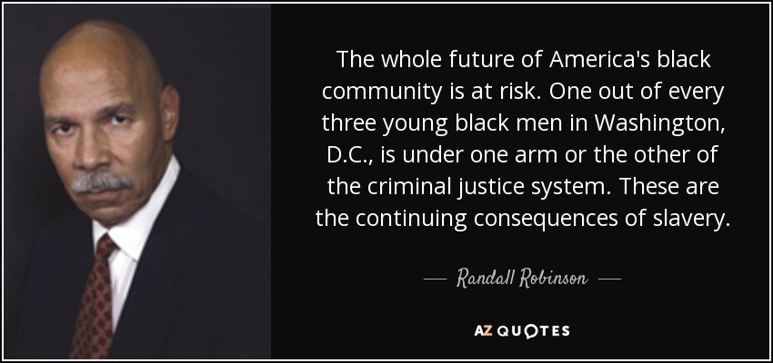 The whole future of America's black community is at risk. One out of every three young black men in Washington, D.C., is under one arm or the other of the criminal justice system. These are the continuing consequences of slavery. - Randall Robinson