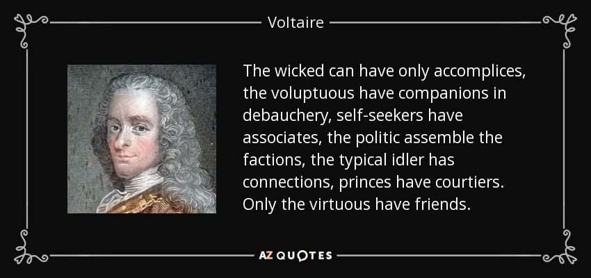 The wicked can have only accomplices, the voluptuous have companions in debauchery, self-seekers have associates, the politic assemble the factions, the typical idler has connections, princes have courtiers. Only the virtuous have friends. - Voltaire