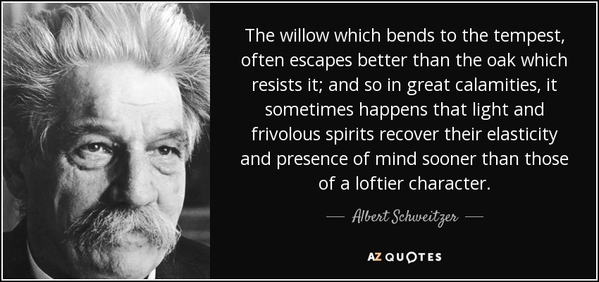 The willow which bends to the tempest, often escapes better than the oak which resists it; and so in great calamities, it sometimes happens that light and frivolous spirits recover their elasticity and presence of mind sooner than those of a loftier character. - Albert Schweitzer