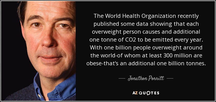 The World Health Organization recently published some data showing that each overweight person causes and additional one tonne of CO2 to be emitted every year. With one billion people overweight around the world-of whom at least 300 million are obese-that's an additional one billion tonnes. - Jonathon Porritt