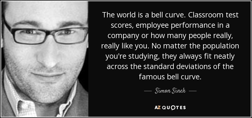 The world is a bell curve. Classroom test scores, employee performance in a company or how many people really, really like you. No matter the population you're studying, they always fit neatly across the standard deviations of the famous bell curve. - Simon Sinek