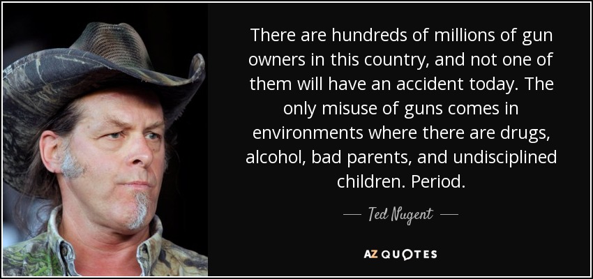 There are hundreds of millions of gun owners in this country, and not one of them will have an accident today. The only misuse of guns comes in environments where there are drugs, alcohol, bad parents, and undisciplined children. Period. - Ted Nugent