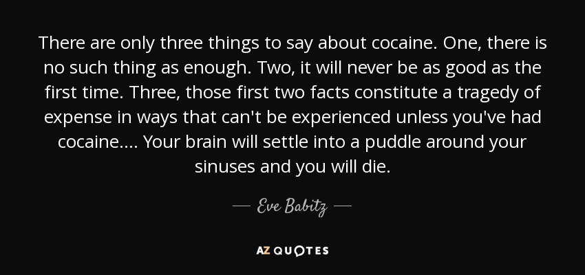 There are only three things to say about cocaine. One, there is no such thing as enough. Two, it will never be as good as the first time. Three, those first two facts constitute a tragedy of expense in ways that can't be experienced unless you've had cocaine. ... Your brain will settle into a puddle around your sinuses and you will die. - Eve Babitz