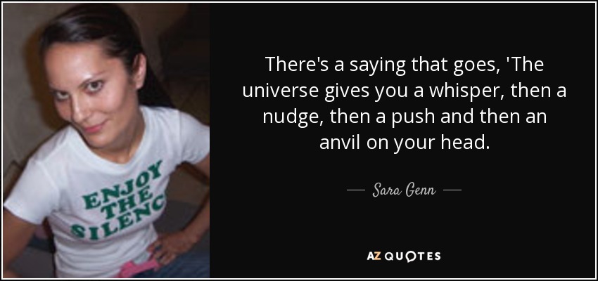 There's a saying that goes, 'The universe gives you a whisper, then a nudge, then a push and then an anvil on your head. - Sara Genn