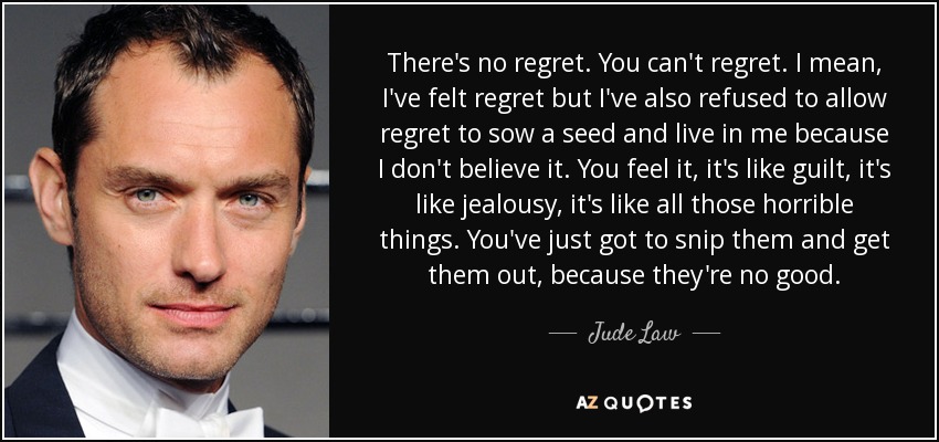 There's no regret. You can't regret. I mean, I've felt regret but I've also refused to allow regret to sow a seed and live in me because I don't believe it. You feel it, it's like guilt, it's like jealousy, it's like all those horrible things. You've just got to snip them and get them out, because they're no good. - Jude Law