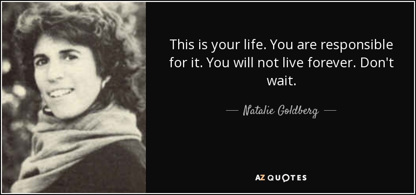 This is your life. You are responsible for it. You will not live forever. Don't wait. - Natalie Goldberg