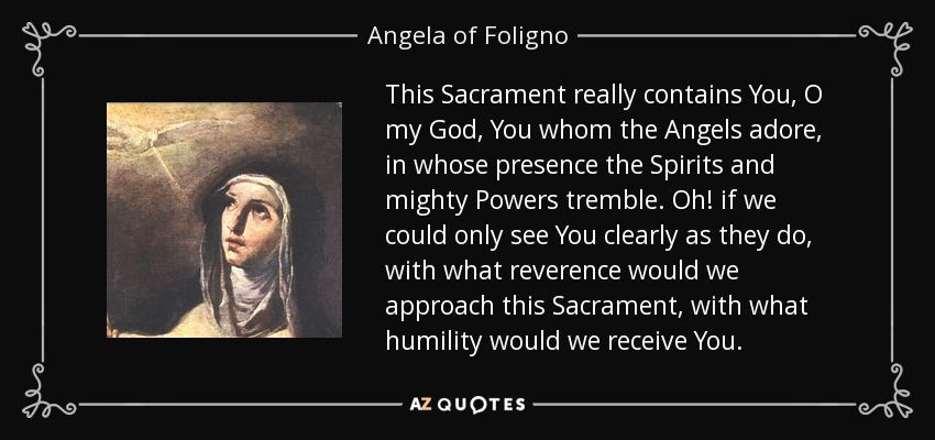 This Sacrament really contains You, O my God, You whom the Angels adore, in whose presence the Spirits and mighty Powers tremble. Oh! if we could only see You clearly as they do, with what reverence would we approach this Sacrament, with what humility would we receive You. - Angela of Foligno