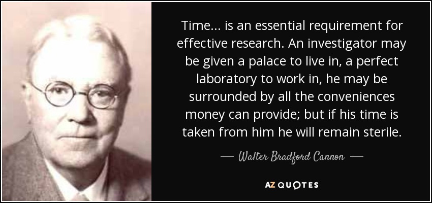 Time... is an essential requirement for effective research. An investigator may be given a palace to live in, a perfect laboratory to work in, he may be surrounded by all the conveniences money can provide; but if his time is taken from him he will remain sterile. - Walter Bradford Cannon