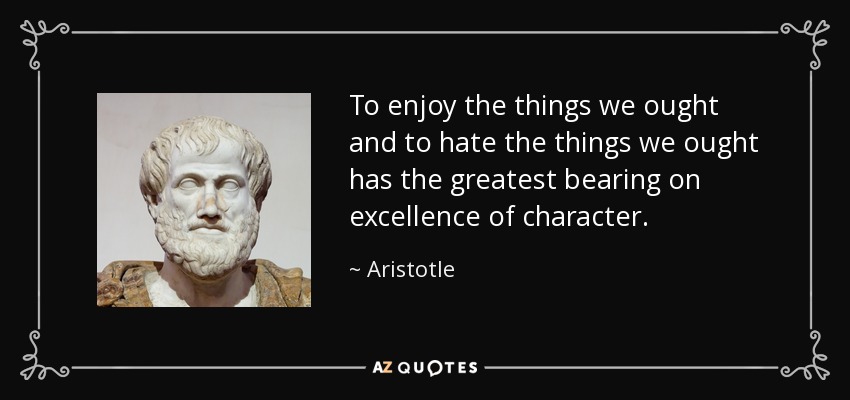 Disfrutar de lo que debemos y odiar lo que debemos es lo que más influye en la excelencia del carácter. - Aristotle