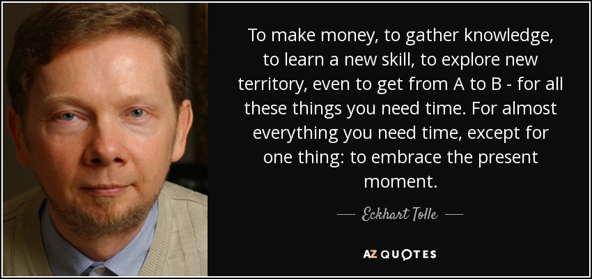 To make money, to gather knowledge, to learn a new skill, to explore new territory, even to get from A to B - for all these things you need time. For almost everything you need time, except for one thing: to embrace the present moment. - Eckhart Tolle