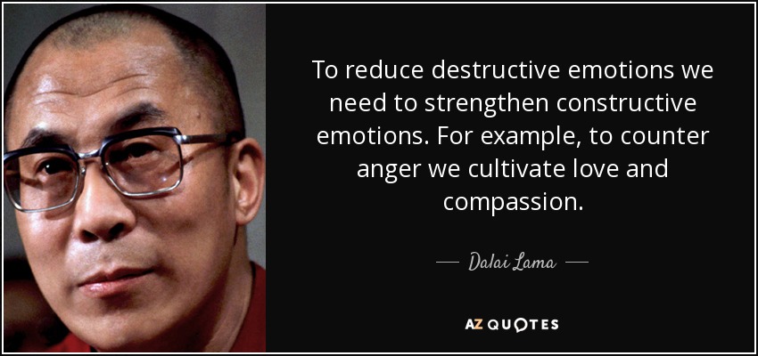 To reduce destructive emotions we need to strengthen constructive emotions. For example, to counter anger we cultivate love and compassion. - Dalai Lama