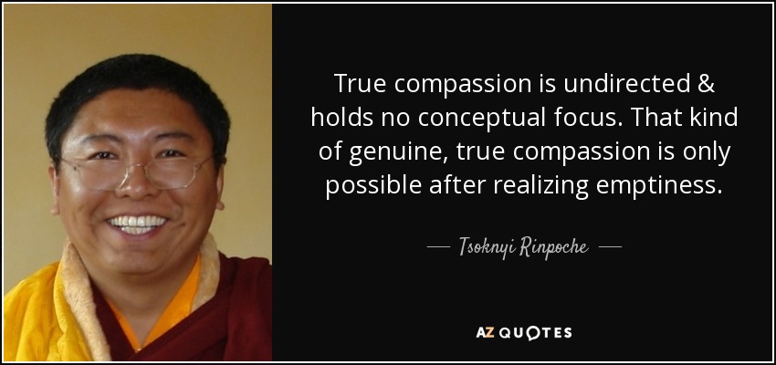 True compassion is undirected & holds no conceptual focus. That kind of genuine, true compassion is only possible after realizing emptiness. - Tsoknyi Rinpoche