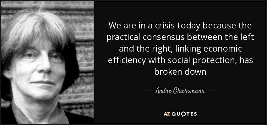 We are in a crisis today because the practical consensus between the left and the right, linking economic efficiency with social protection, has broken down - Andre Glucksmann