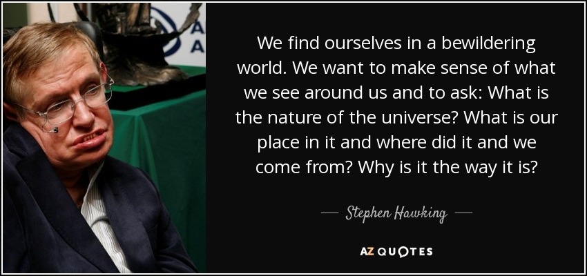 We find ourselves in a bewildering world. We want to make sense of what we see around us and to ask: What is the nature of the universe? What is our place in it and where did it and we come from? Why is it the way it is? - Stephen Hawking