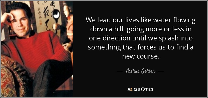 We lead our lives like water flowing down a hill, going more or less in one direction until we splash into something that forces us to find a new course. - Arthur Golden