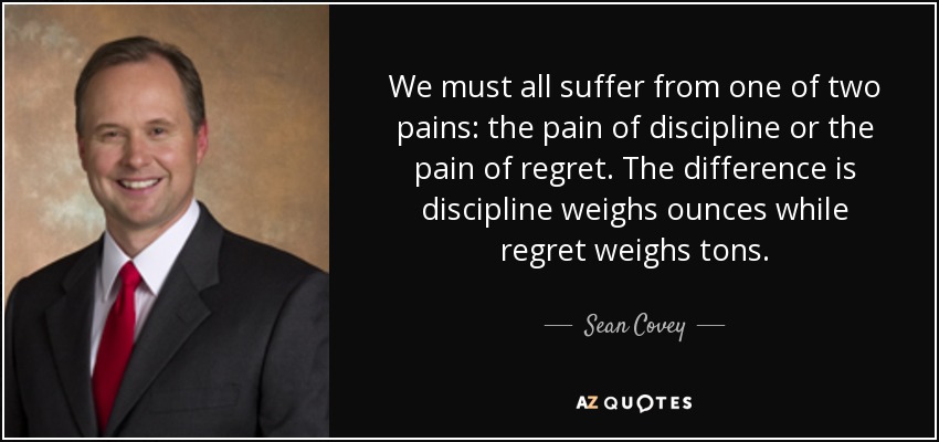 We must all suffer from one of two pains: the pain of discipline or the pain of regret. The difference is discipline weighs ounces while regret weighs tons. - Sean Covey