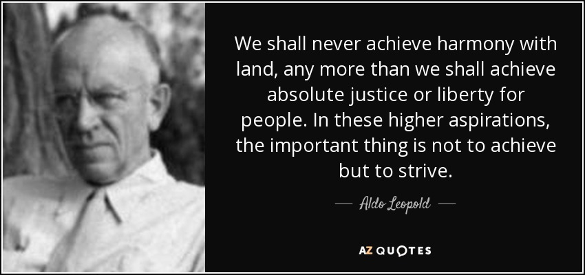 We shall never achieve harmony with land, any more than we shall achieve absolute justice or liberty for people. In these higher aspirations, the important thing is not to achieve but to strive. - Aldo Leopold