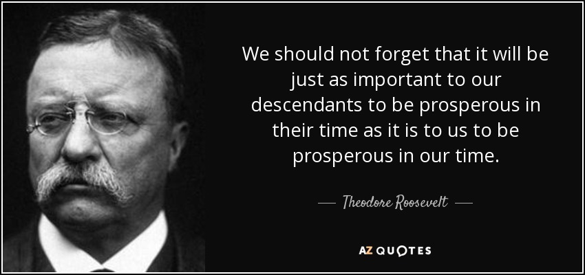 We should not forget that it will be just as important to our descendants to be prosperous in their time as it is to us to be prosperous in our time. - Theodore Roosevelt