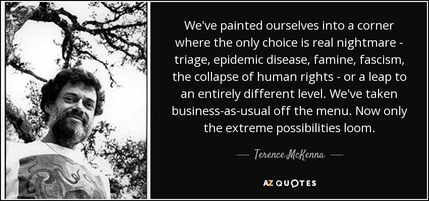 We've painted ourselves into a corner where the only choice is real nightmare - triage, epidemic disease, famine, fascism, the collapse of human rights - or a leap to an entirely different level. We've taken business-as-usual off the menu. Now only the extreme possibilities loom. - Terence McKenna