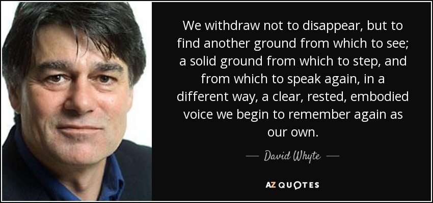 We withdraw not to disappear, but to find another ground from which to see; a solid ground from which to step, and from which to speak again, in a different way, a clear, rested, embodied voice we begin to remember again as our own. - David Whyte