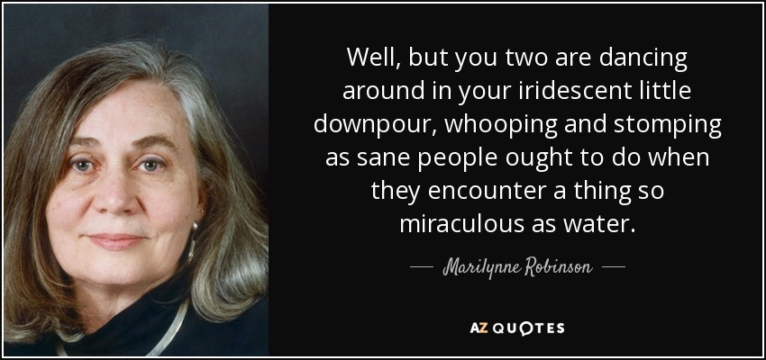 Well, but you two are dancing around in your iridescent little downpour, whooping and stomping as sane people ought to do when they encounter a thing so miraculous as water. - Marilynne Robinson