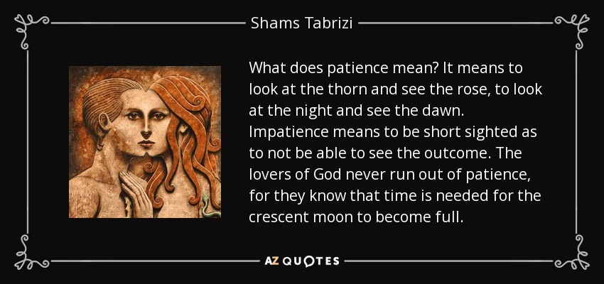 What does patience mean? It means to look at the thorn and see the rose, to look at the night and see the dawn. Impatience means to be short sighted as to not be able to see the outcome. The lovers of God never run out of patience, for they know that time is needed for the crescent moon to become full. - Shams Tabrizi