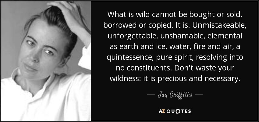 What is wild cannot be bought or sold, borrowed or copied. It is. Unmistakeable, unforgettable, unshamable, elemental as earth and ice, water, fire and air, a quintessence, pure spirit, resolving into no constituents. Don't waste your wildness: it is precious and necessary. - Jay Griffiths