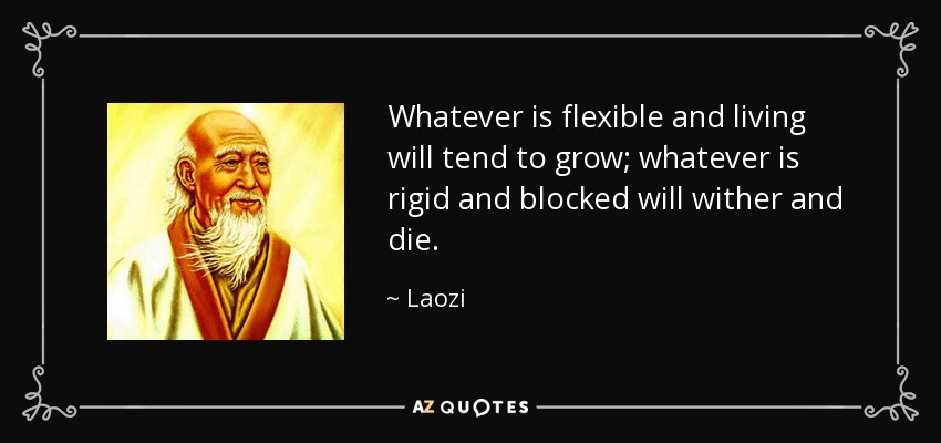 Whatever is flexible and living will tend to grow; whatever is rigid and blocked will wither and die. - Laozi