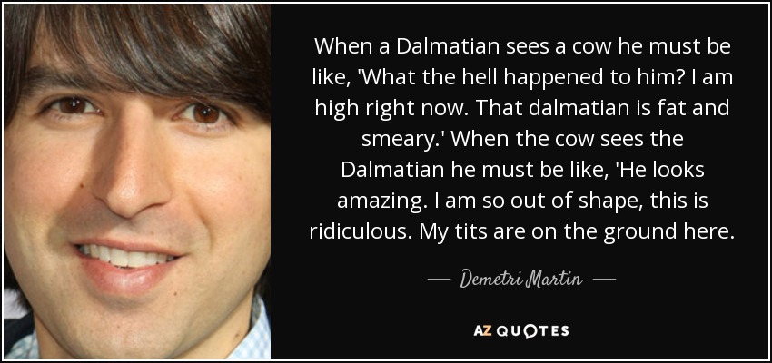 When a Dalmatian sees a cow he must be like, 'What the hell happened to him? I am high right now. That dalmatian is fat and smeary.' When the cow sees the Dalmatian he must be like, 'He looks amazing. I am so out of shape, this is ridiculous. My tits are on the ground here. - Demetri Martin