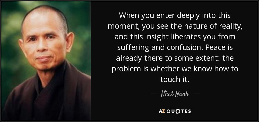 When you enter deeply into this moment, you see the nature of reality, and this insight liberates you from suffering and confusion. Peace is already there to some extent: the problem is whether we know how to touch it. - Nhat Hanh