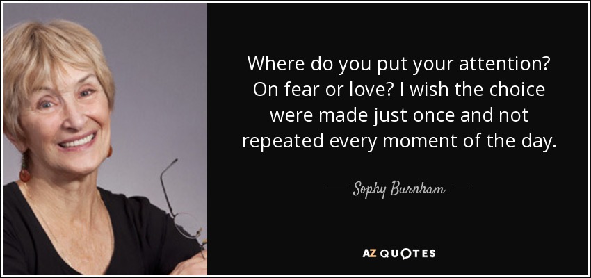 Where do you put your attention? On fear or love? I wish the choice were made just once and not repeated every moment of the day. - Sophy Burnham