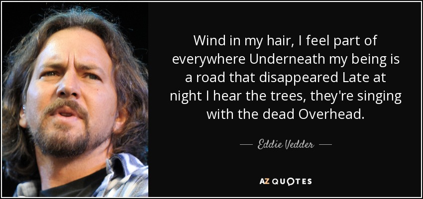 Wind in my hair, I feel part of everywhere Underneath my being is a road that disappeared Late at night I hear the trees, they're singing with the dead Overhead. - Eddie Vedder