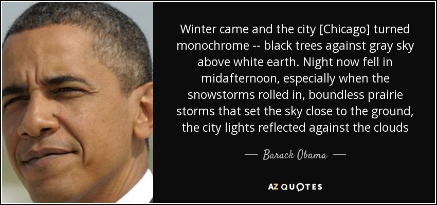 Winter came and the city [Chicago] turned monochrome -- black trees against gray sky above white earth. Night now fell in midafternoon, especially when the snowstorms rolled in, boundless prairie storms that set the sky close to the ground, the city lights reflected against the clouds - Barack Obama