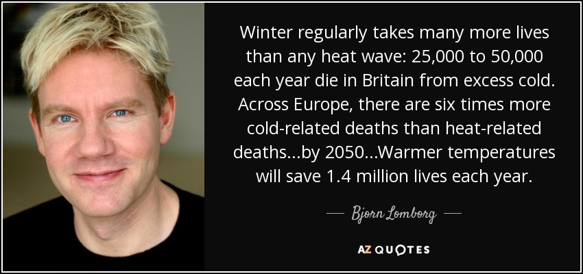 Winter regularly takes many more lives than any heat wave: 25,000 to 50,000 each year die in Britain from excess cold. Across Europe, there are six times more cold-related deaths than heat-related deaths...by 2050...Warmer temperatures will save 1.4 million lives each year. - Bjorn Lomborg