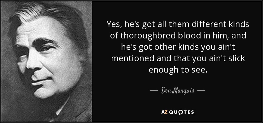 Yes, he's got all them different kinds of thoroughbred blood in him, and he's got other kinds you ain't mentioned and that you ain't slick enough to see. - Don Marquis