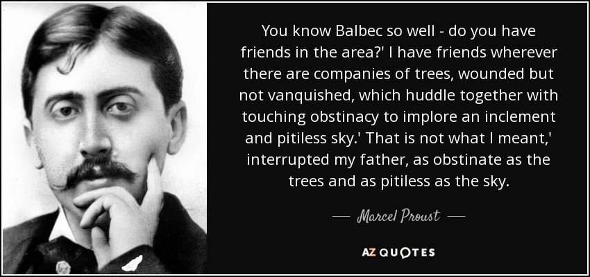 You know Balbec so well - do you have friends in the area?' I have friends wherever there are companies of trees, wounded but not vanquished, which huddle together with touching obstinacy to implore an inclement and pitiless sky.' That is not what I meant,' interrupted my father, as obstinate as the trees and as pitiless as the sky. - Marcel Proust