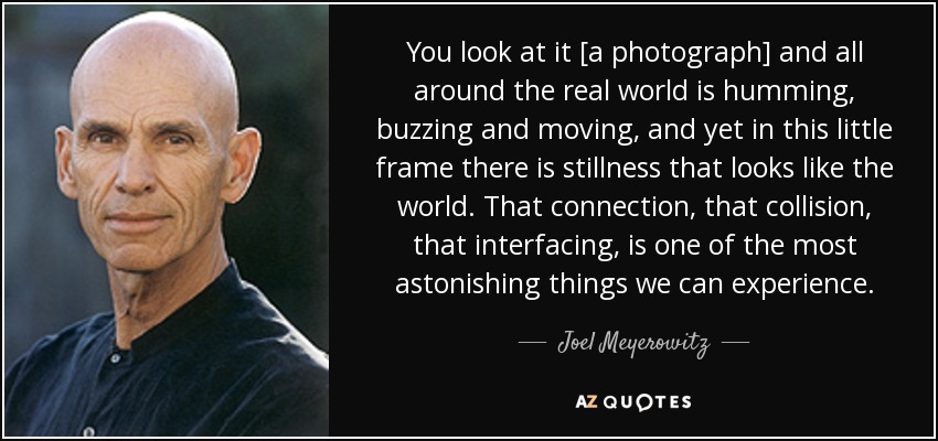 You look at it [a photograph] and all around the real world is humming, buzzing and moving, and yet in this little frame there is stillness that looks like the world. That connection, that collision, that interfacing, is one of the most astonishing things we can experience. - Joel Meyerowitz