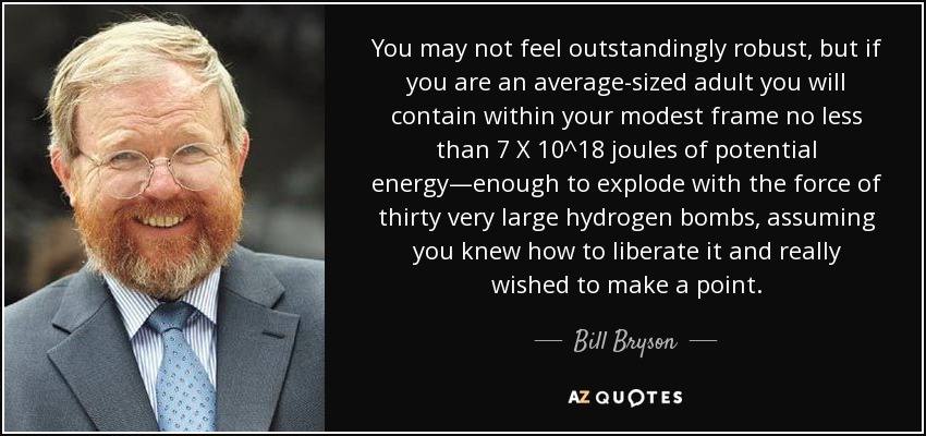 You may not feel outstandingly robust, but if you are an average-sized adult you will contain within your modest frame no less than 7 X 10^18 joules of potential energy—enough to explode with the force of thirty very large hydrogen bombs, assuming you knew how to liberate it and really wished to make a point. - Bill Bryson