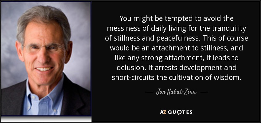 Podrías sentir la tentación de evitar el desorden de la vida diaria por la tranquilidad de la quietud y la paz. Esto, por supuesto, sería un apego a la quietud y, como cualquier apego fuerte, conduce al engaño. Detiene el desarrollo y cortocircuita el cultivo de la sabiduría. - Jon Kabat-Zinn