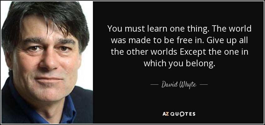 You must learn one thing. The world was made to be free in. Give up all the other worlds Except the one in which you belong. - David Whyte