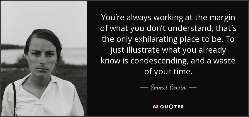 You’re always working at the margin of what you don’t understand, that’s the only exhilarating place to be. To just illustrate what you already know is condescending, and a waste of your time. - Emmet Gowin