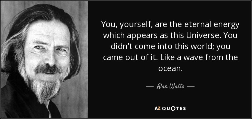 You, yourself, are the eternal energy which appears as this Universe. You didn't come into this world; you came out of it. Like a wave from the ocean. - Alan Watts