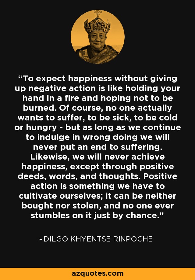 To expect happiness without giving up negative action is like holding your hand in a fire and hoping not to be burned. Of course, no one actually wants to suffer, to be sick, to be cold or hungry - but as long as we continue to indulge in wrong doing we will never put an end to suffering. Likewise, we will never achieve happiness, except through positive deeds, words, and thoughts. Positive action is something we have to cultivate ourselves; it can be neither bought nor stolen, and no one ever stumbles on it just by chance. - Dilgo Khyentse Rinpoche